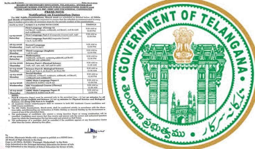 Telangana 10th class public exams time table released